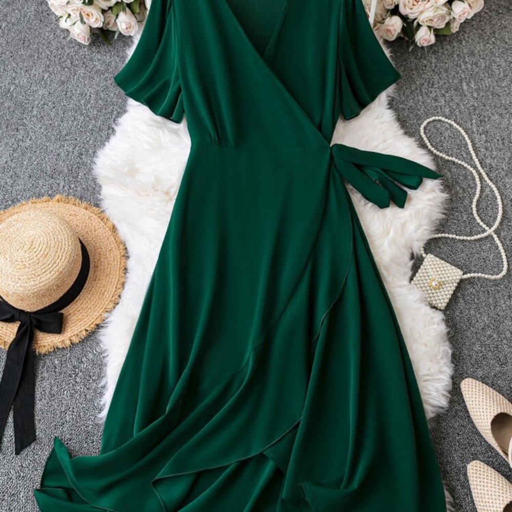 Green Asymmetrical Wrap Maxi Dress with Flutter Sleeves